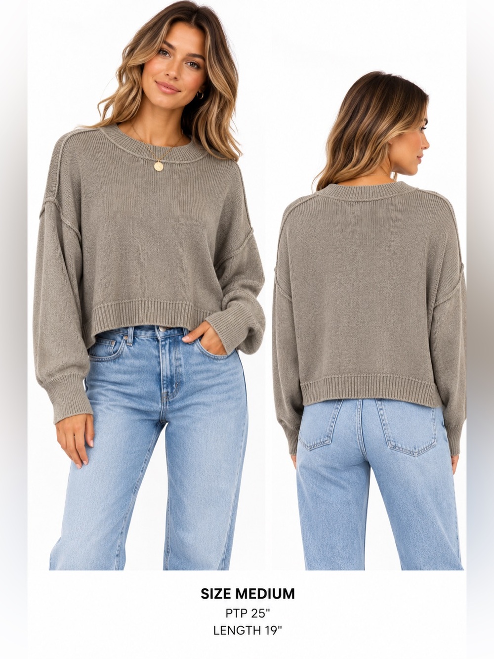 Self Contrast Women's Cropped Crewneck Sweater in light green gray
